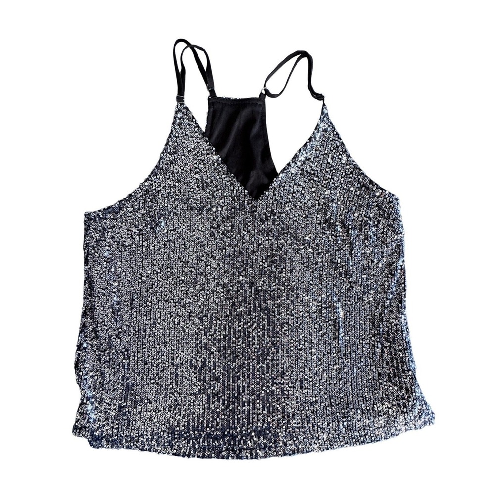 Silver Sequin Cami Tank Top V-Neck Adjustable Straps Racerback Party Blouse